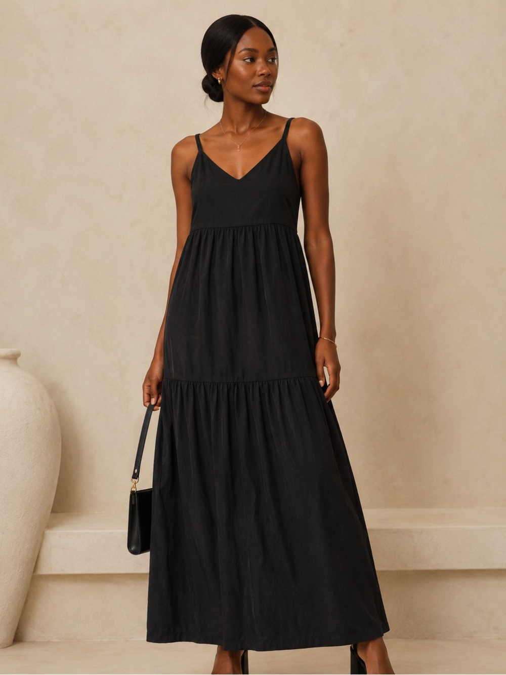 OLD NAVY Katherine  black tiered Cami maxi dress cotton/rayon blend